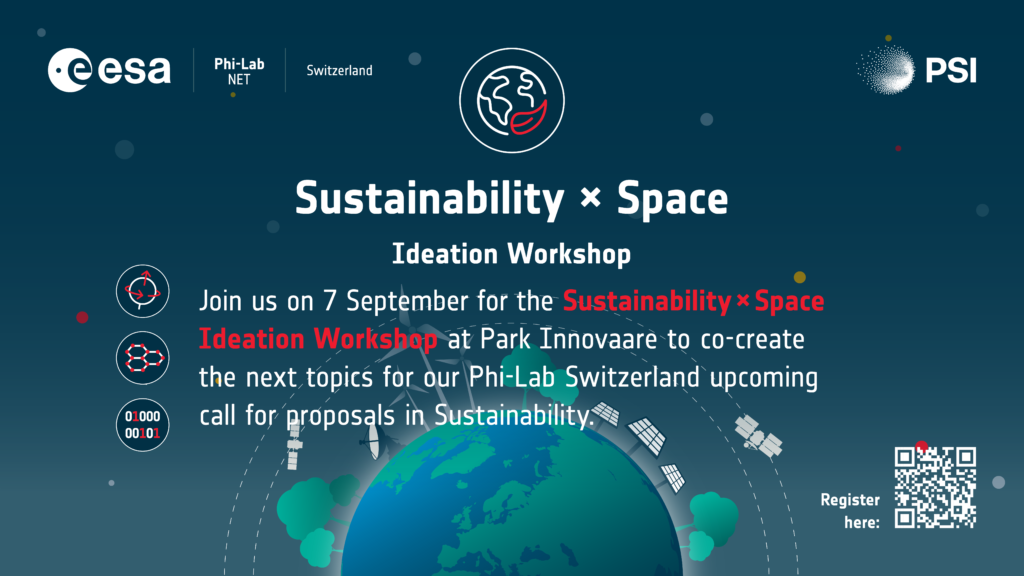 Hero banner announcing 'Sustainability × Space Ideation Workshop' with ESA, Phi-Lab NET and PSI logos, Earth graphic and decorative space icons in deep blue background.
