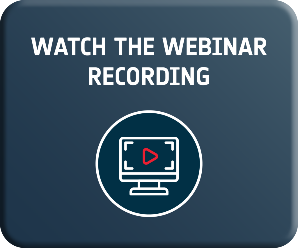 Banner prompting viewers to watch the webinar recording: text 'WATCH THE WEBINAR RECORDING' with a circular icon of a monitor and red play button on a dark blue gradient background