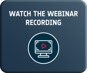 Banner prompting viewers to watch the webinar recording: text 'WATCH THE WEBINAR RECORDING' with a circular icon of a monitor and red play button on a dark blue gradient background